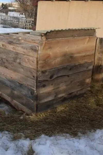 Backside of a pallet goat house 