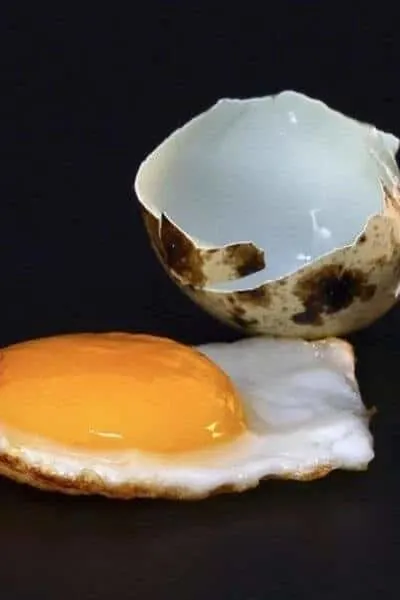 Cooked egg with broken quail egg next to it