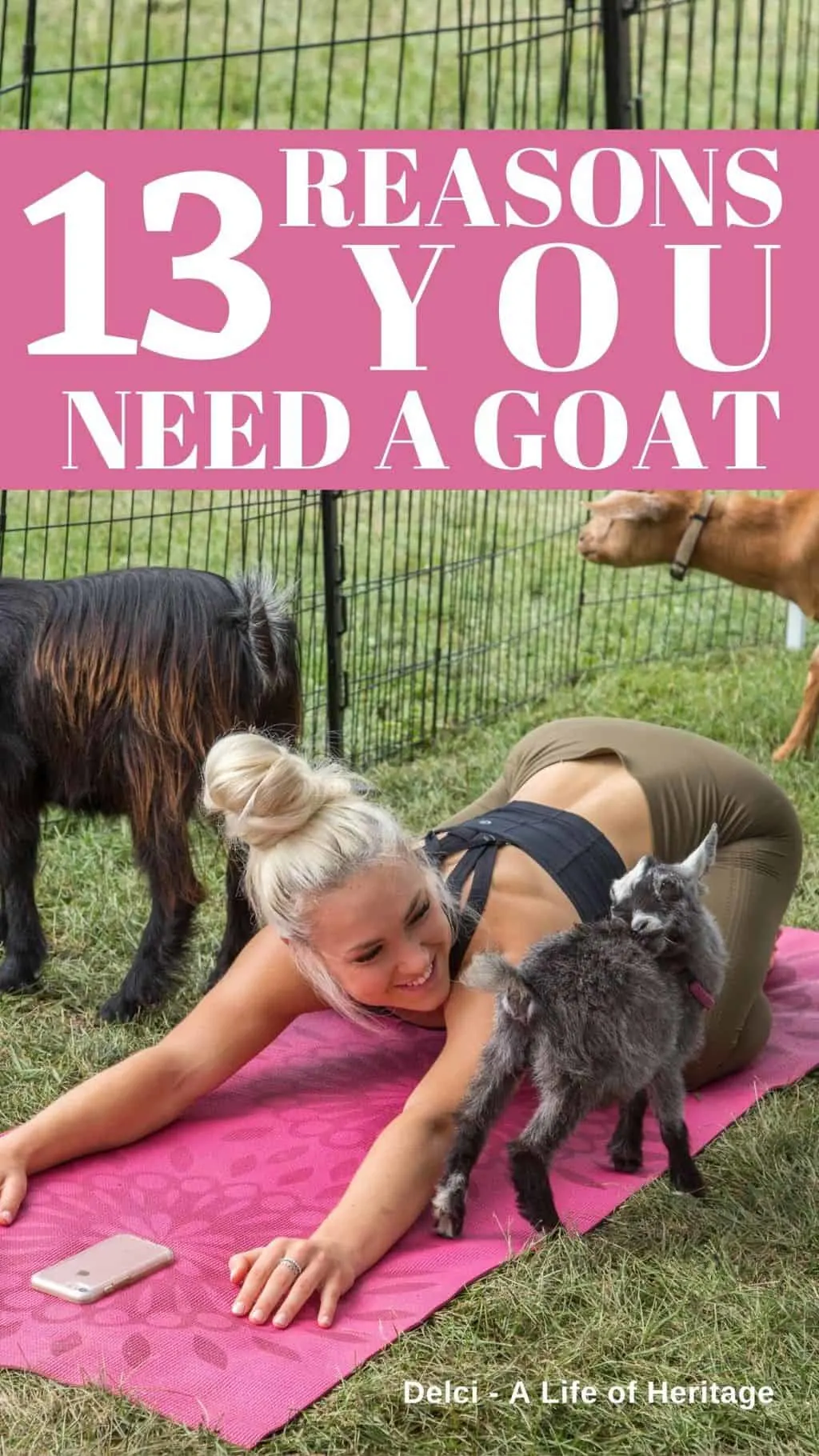 Young lady doing yoga surrounded by goats